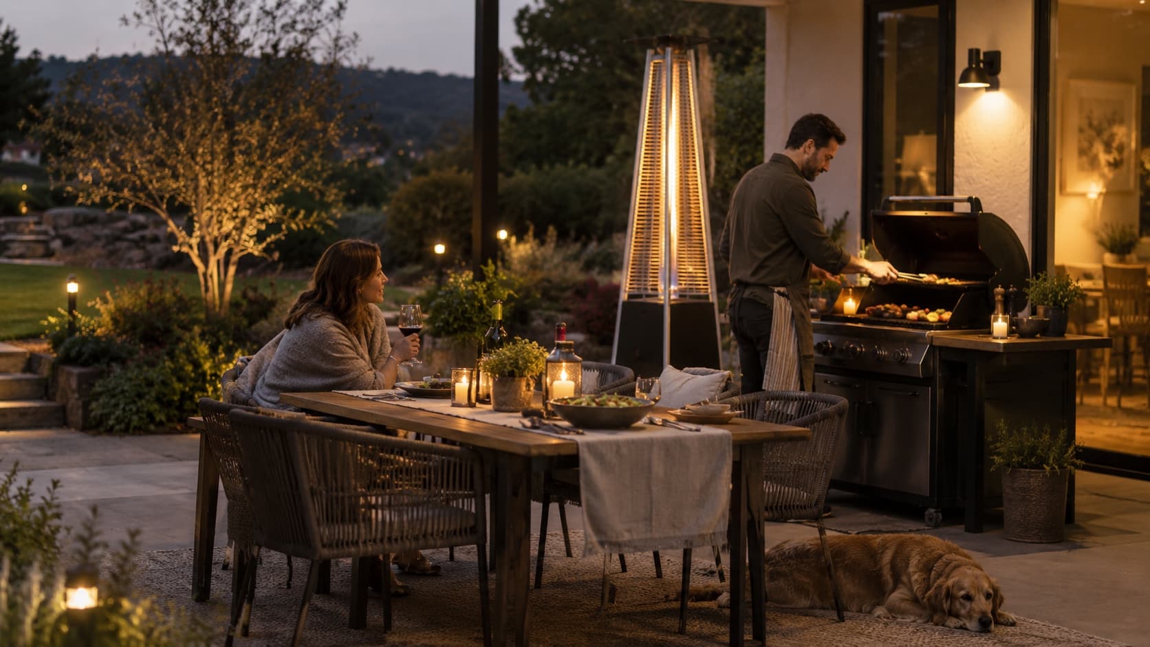 Add Lighting and Heating With Care Evening patio with subtle path lights, task lighting near a barbecue and safely positioned outdoor heater - Handy Home Evening patio with subtle path lights, task lighting near a barbecue and safely positioned outdoor heater