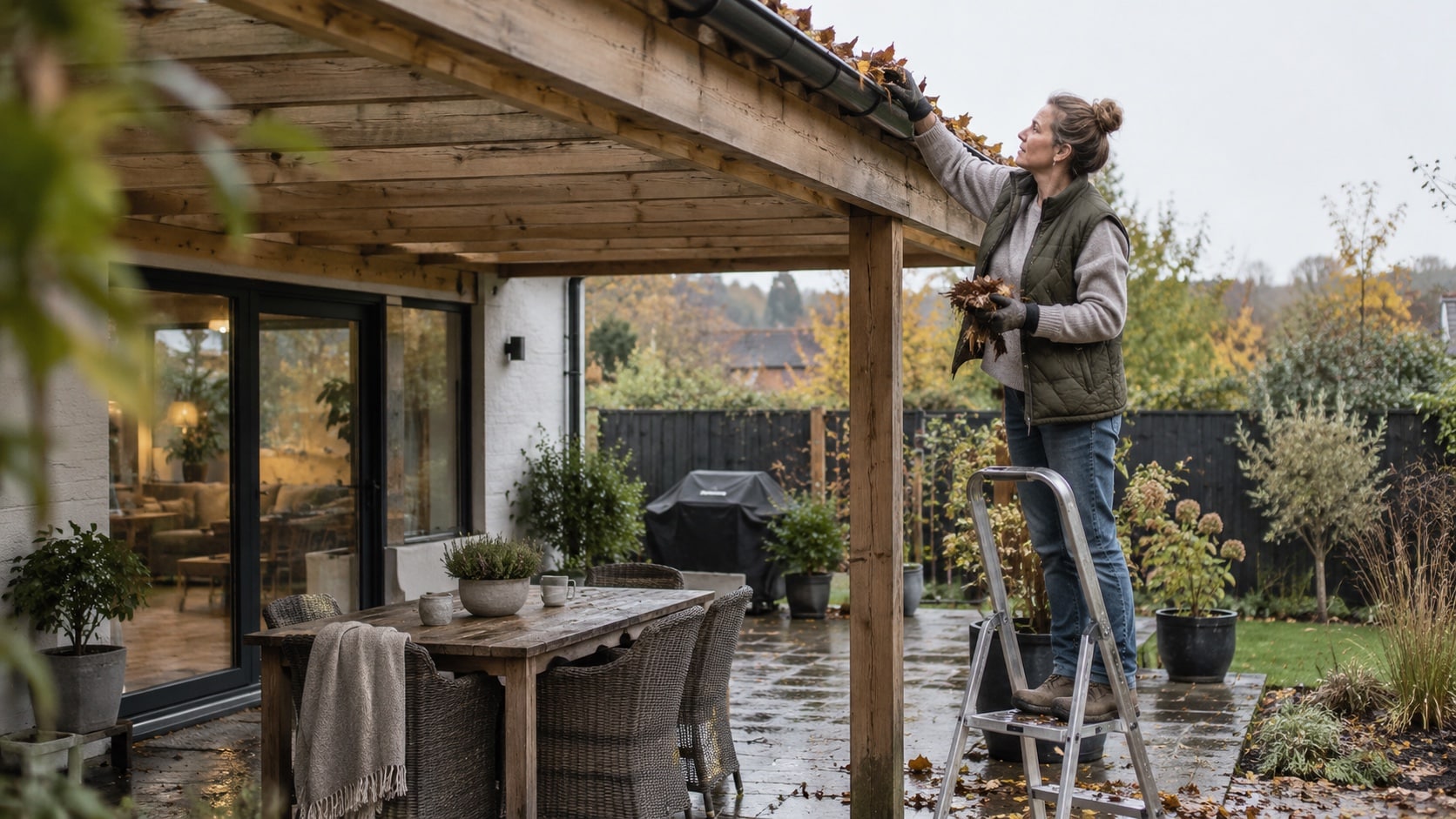 Maintain the Space So It Stays Enjoyable Homeowner clearing leaves from pergola gutters and checking drainage on a clean but lived-in patio - Handy Home Homeowner clearing leaves from pergola gutters and checking drainage on a clean but lived-in patio