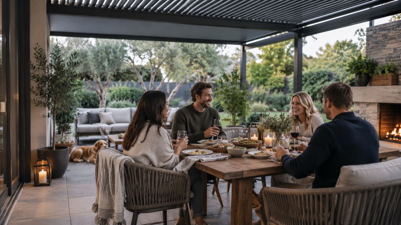 Build an Outdoor Area You Will Use More Often Friends enjoying a relaxed dinner under a louvered pergola in a comfortable all-season backyard - Handy Home Friends enjoying a relaxed dinner under a louvered pergola in a comfortable all-season backyard