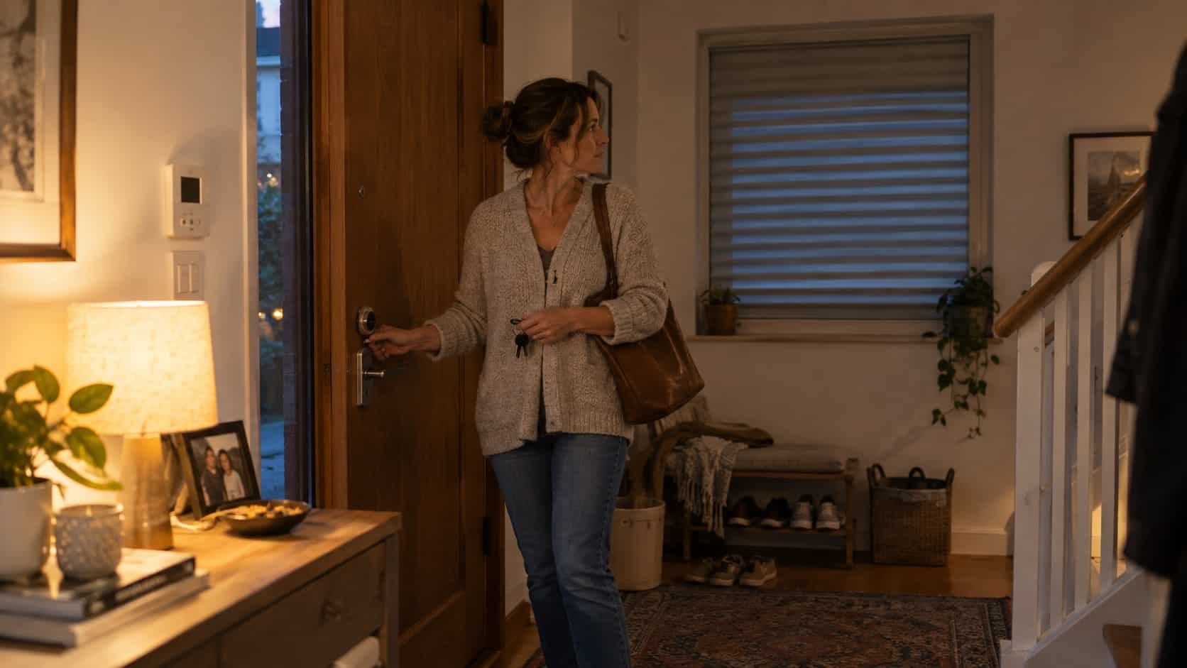 Simple Evening Home Security Routine Resident locking the front door during a simple evening security check - Handy Home Resident locking the front door during a simple evening security check