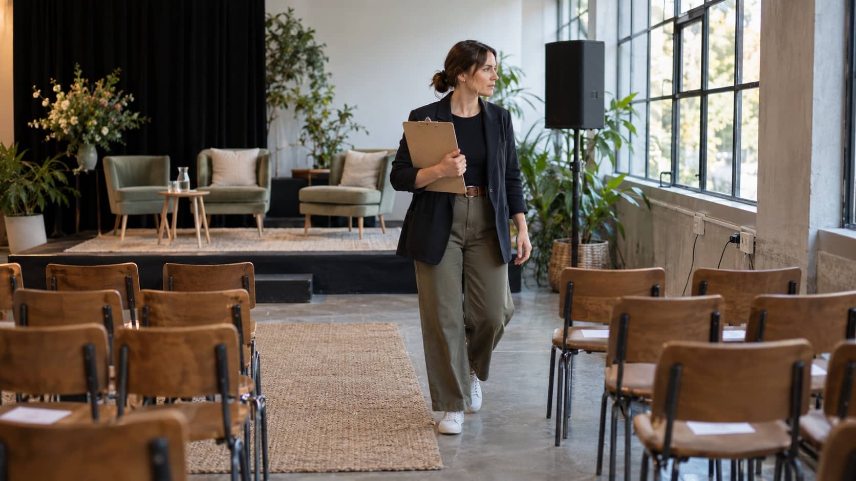 Start With Your Event Format and Venue An event organiser walking through a medium-size venue with a clipboard, checking room layout, power outlets and audience sightlines - Handy Home An event organiser walking through a medium-size venue with a clipboard, checking room layout, power outlets and audience sightlines