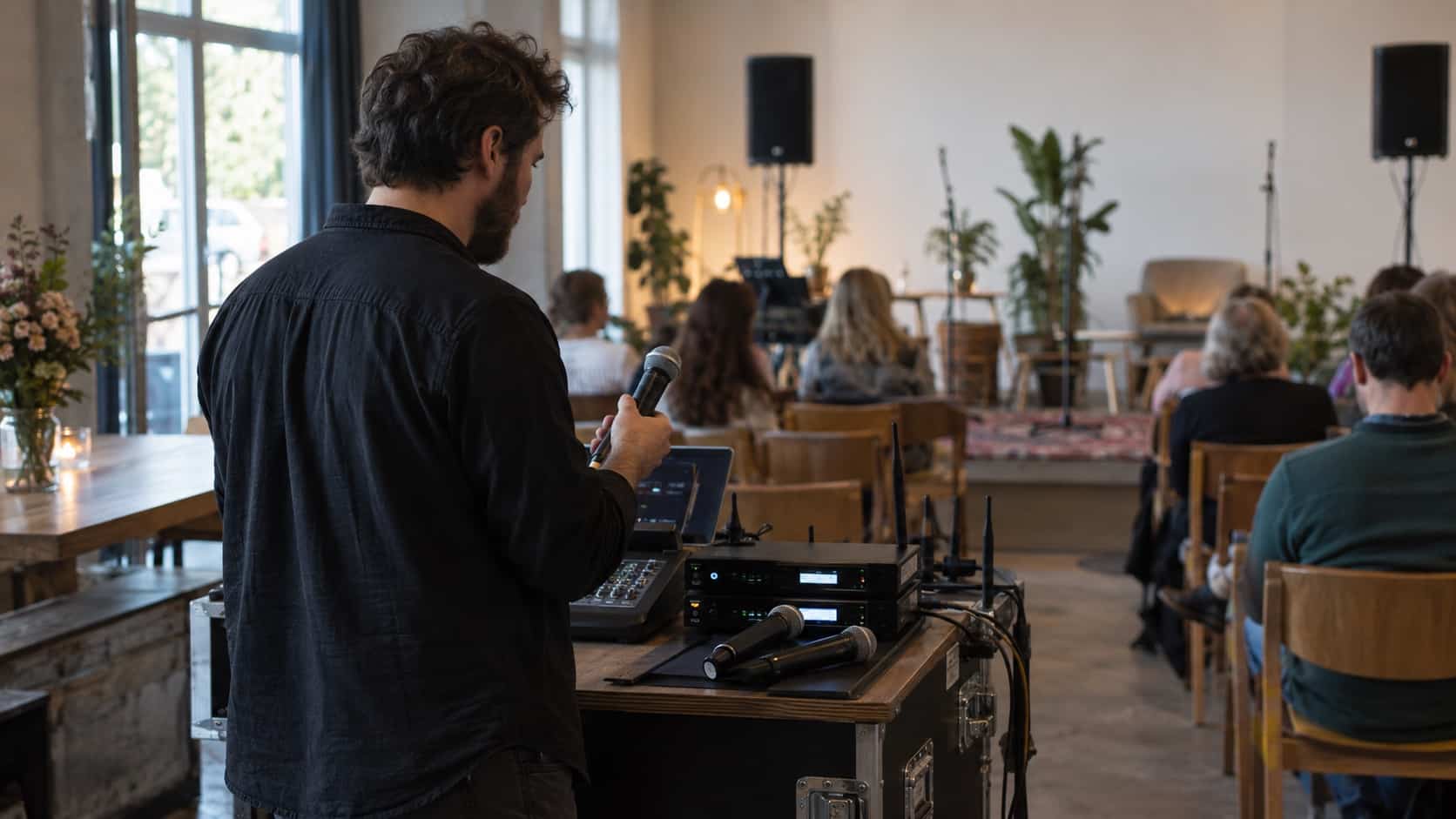 Make Sure Everyone Can Hear Clearly A sound technician testing wireless microphones and compact PA speakers from the back of an event room - Handy Home A sound technician testing wireless microphones and compact PA speakers from the back of an event room