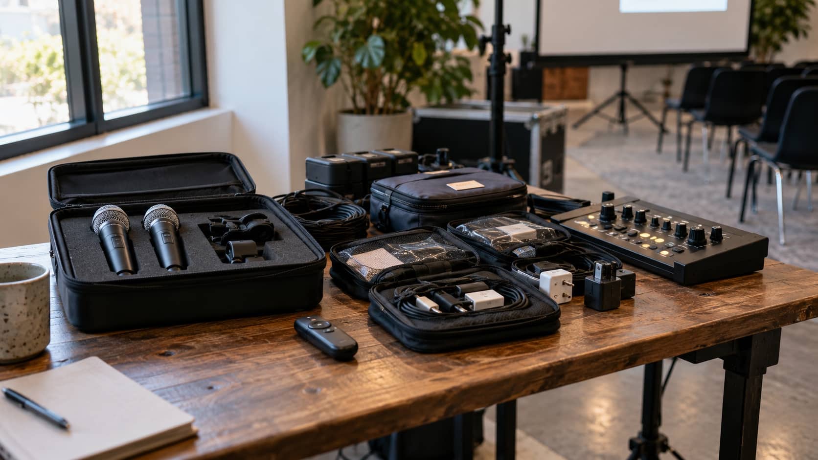 Equipment That May Support Your Event An organised event equipment table with microphone cases, presentation clicker, adaptors, labelled-looking but unreadable cable pouches and lighting controls - Handy Home An organised event equipment table with microphone cases, presentation clicker, adaptors, labelled-looking but unreadable cable pouches and lighting controls