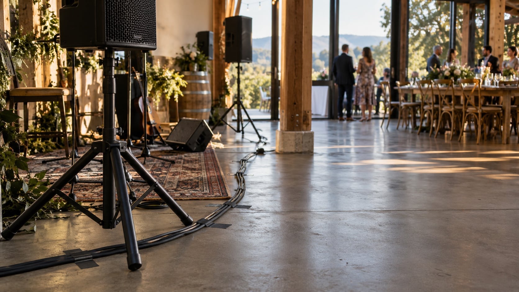 Think About Power Cables and Safety Close editorial view of safely taped cable runs, stable speaker stands and clear walkways in an event venue - Handy Home Close editorial view of safely taped cable runs, stable speaker stands and clear walkways in an event venue