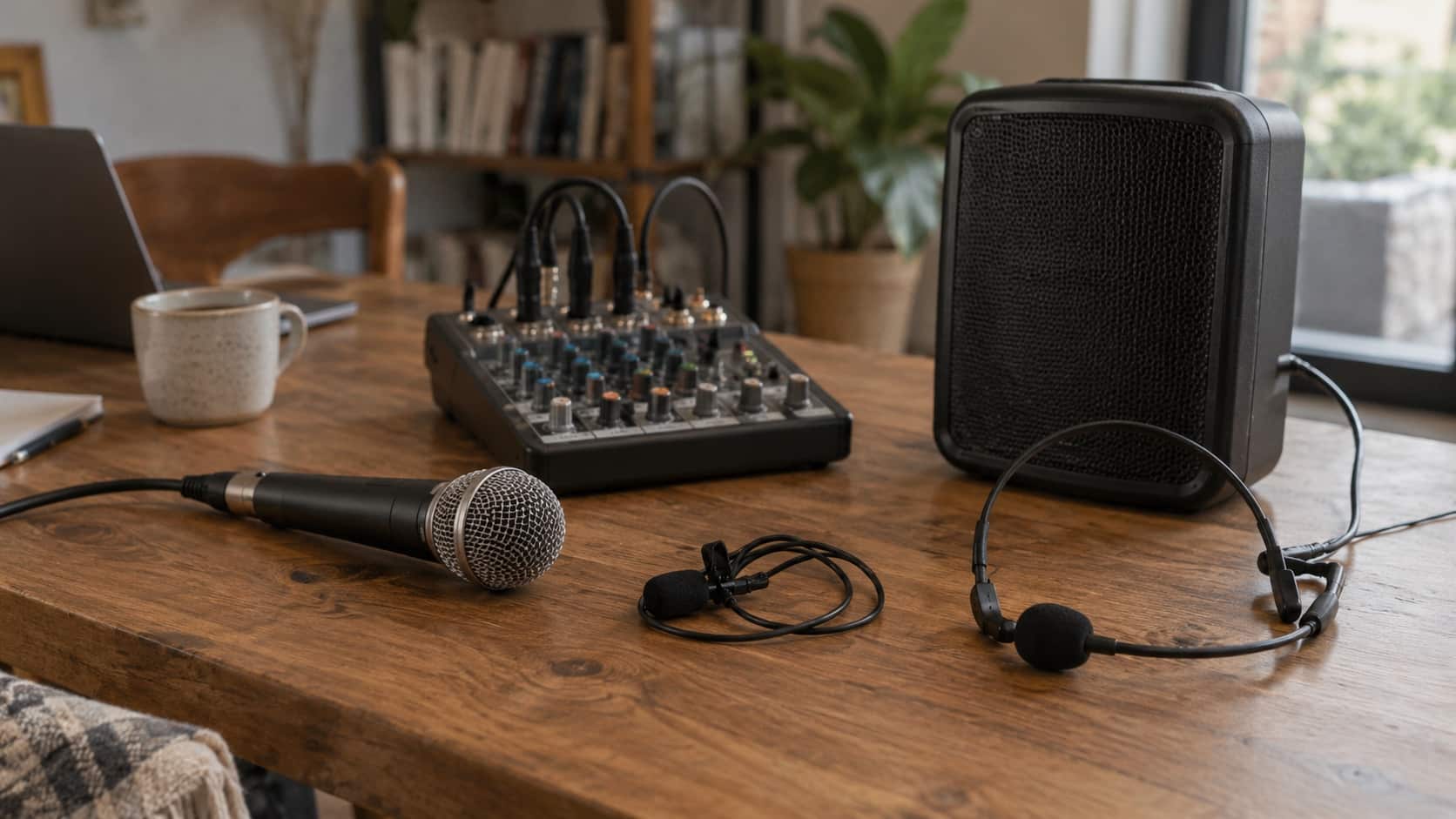 Choose the Right Microphones and Speakers Three practical microphone types—handheld, lapel and headset—arranged beside a compact mixer and speaker - Handy Home Three practical microphone types—handheld, lapel and headset—arranged beside a compact mixer and speaker