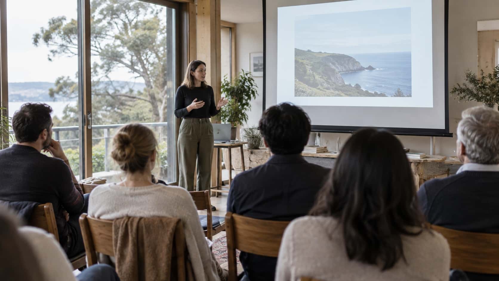 Choose Equipment That Supports the Guest Experience Guests comfortably watching a clear presentation in a well-balanced venue with unobtrusive AV equipment - Handy Home Guests comfortably watching a clear presentation in a well-balanced venue with unobtrusive AV equipment