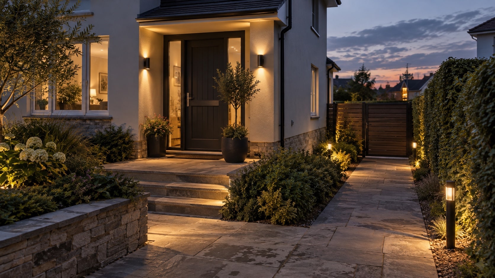 Exterior Lighting for Safer Entry Areas Well-positioned exterior lights illuminating a front entry and side path after dark - Handy Home Well-positioned exterior lights illuminating a front entry and side path after dark
