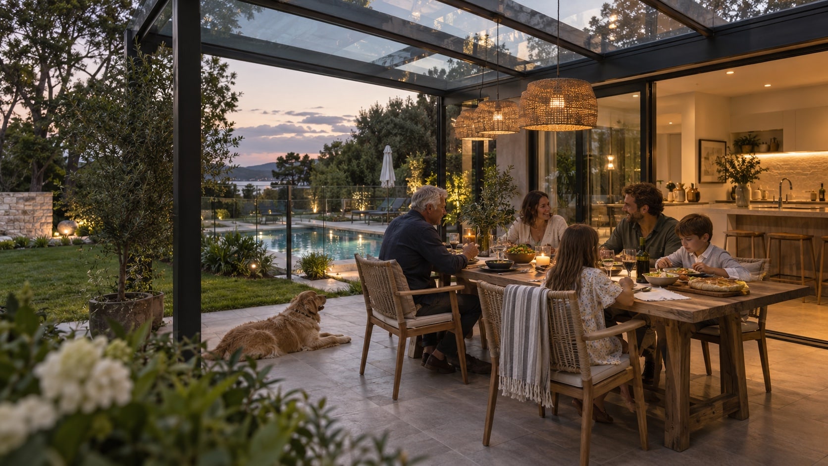 Comfortable Glass-Covered Outdoor Living Family enjoying dinner in a bright glass-covered outdoor living area - Handy Home Family enjoying dinner in a bright glass-covered outdoor living area