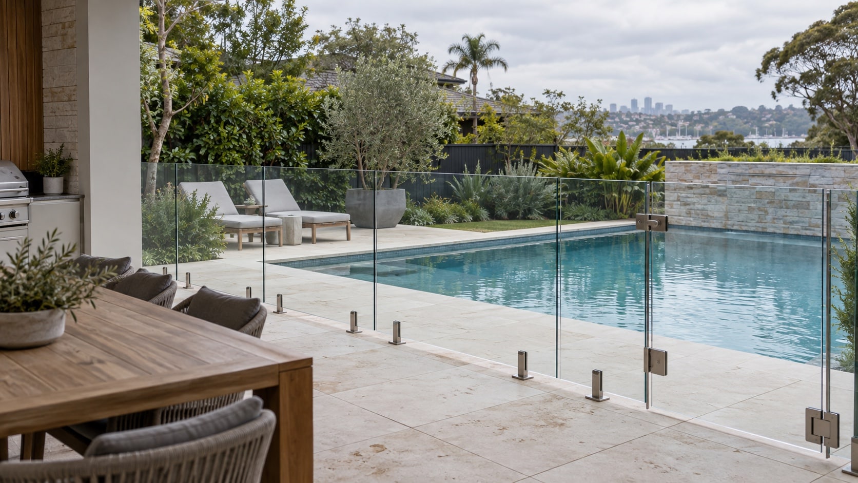 Frameless Glass Pool Fence in a Backyard Frameless glass pool fence maintaining clear views across a landscaped backyard - Handy Home Frameless glass pool fence maintaining clear views across a landscaped backyard