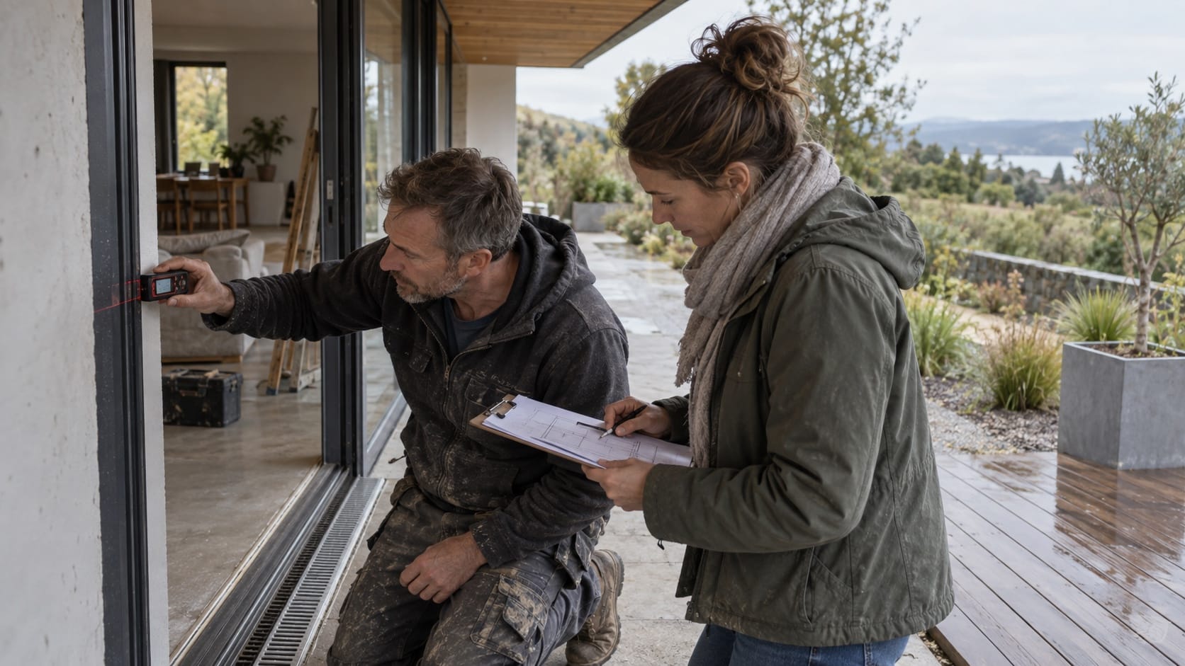 Planning a Glass Feature On Site Glazier measuring a patio while reviewing plans for an outdoor glass installation - Handy Home Glazier measuring a patio while reviewing plans for an outdoor glass installation