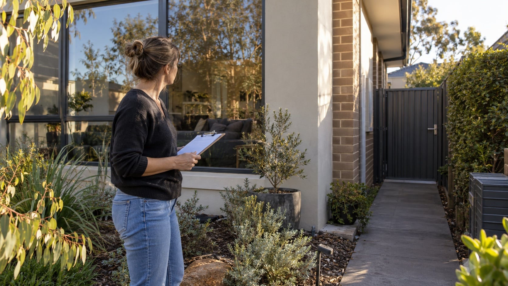 Reviewing Exposed Areas Around a Home Homeowner reviewing exposed ground-floor windows and a side access path - Handy Home Homeowner reviewing exposed ground-floor windows and a side access path