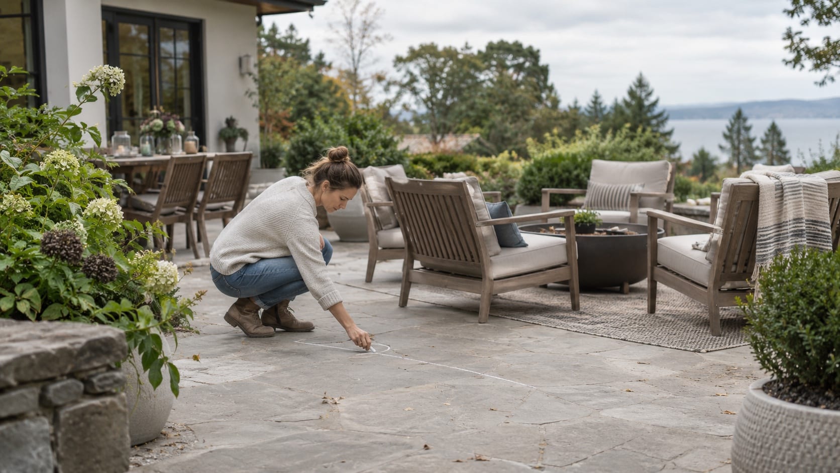Plan the Space Around How People Will Gather Homeowner marking out circulation around a large patio with chairs temporarily positioned for a gathering - Handy Home Homeowner marking out circulation around a large patio with chairs temporarily positioned for a gathering
