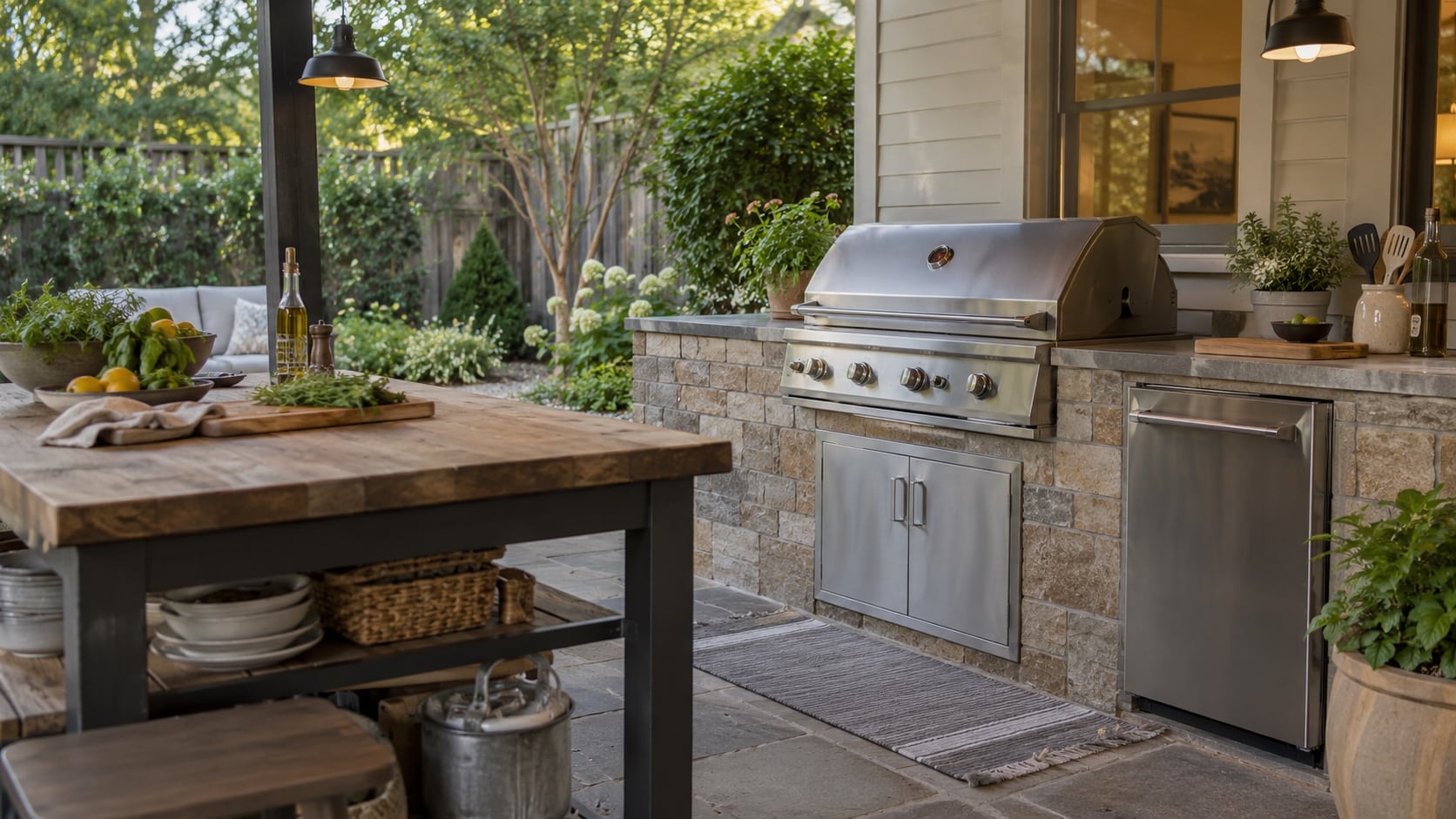 Make the Cooking Area Easy to Use Close view of clear prep space, safe grill clearance, lighting and storage around an outdoor cooking station - Handy Home Close view of clear prep space, safe grill clearance, lighting and storage around an outdoor cooking station