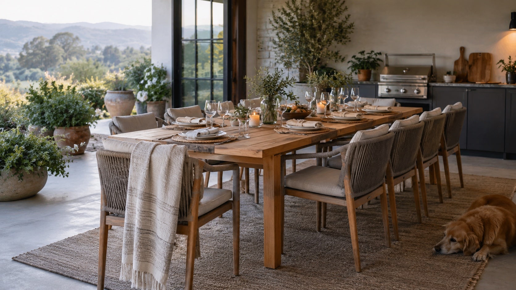 Choose a Table That Can Handle Larger Gatherings A retractable ten-seat outdoor dining table extended for guests on a covered patio - Handy Home A retractable ten-seat outdoor dining table extended for guests on a covered patio