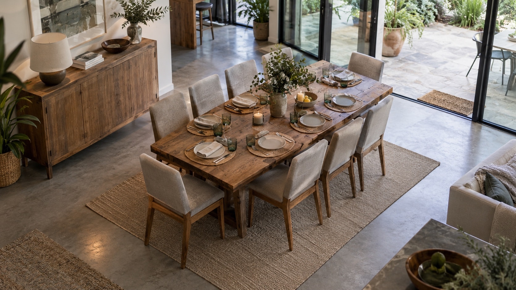 Allow Room Around Every Chair Overhead angled view showing comfortable clearance around ten dining chairs and unobstructed paths - Handy Home Overhead angled view showing comfortable clearance around ten dining chairs and unobstructed paths