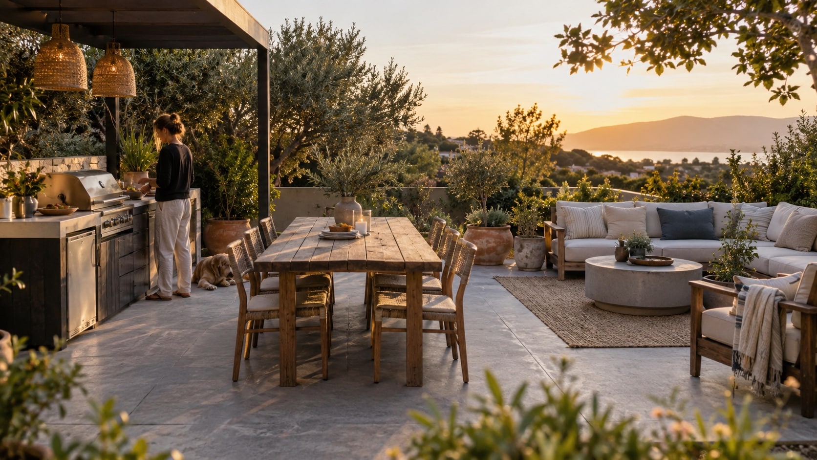 Create Separate Zones for Dining and Relaxing Large patio divided into cooking, dining and lounge zones without visual barriers - Handy Home Large patio divided into cooking, dining and lounge zones without visual barriers