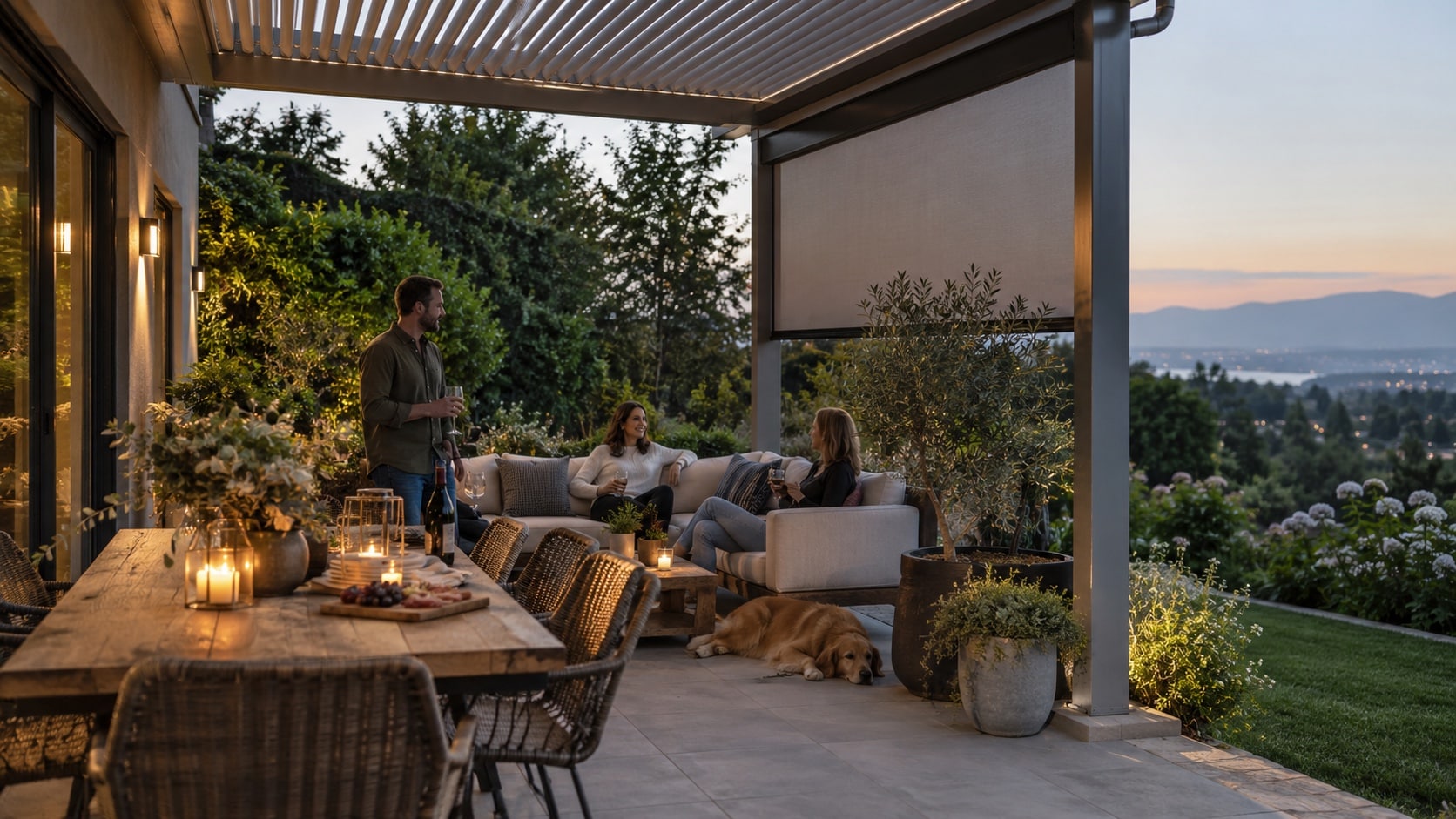 Plan for Shade Weather and Evening Use Covered entertaining area with adjustable shade, weather-resistant seating and layered evening lighting - Handy Home Covered entertaining area with adjustable shade, weather-resistant seating and layered evening lighting