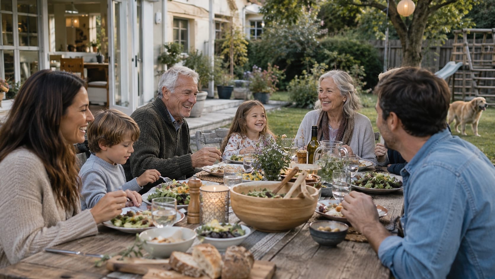 Build an Outdoor Area That Brings People Together Multigenerational group sharing a relaxed outdoor meal in a spacious, welcoming backyard - Handy Home Multigenerational group sharing a relaxed outdoor meal in a spacious, welcoming backyard