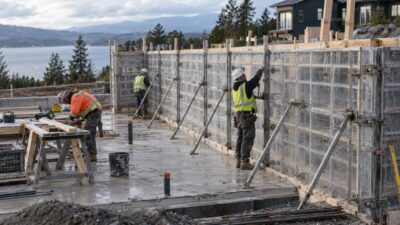 Active construction site with a permanent formwork wall system being prepared for concrete, clear panels, braces and workers in full PPE