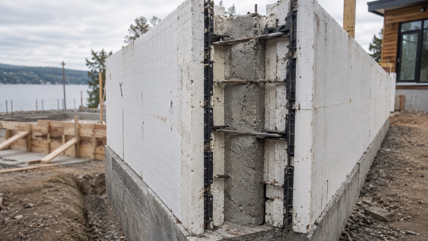 What does permanent formwork mean Close cutaway-style real construction photograph showing permanent wall form panels remaining around a concrete core - Handy Home Close cutaway-style real construction photograph showing permanent wall form panels remaining around a concrete core