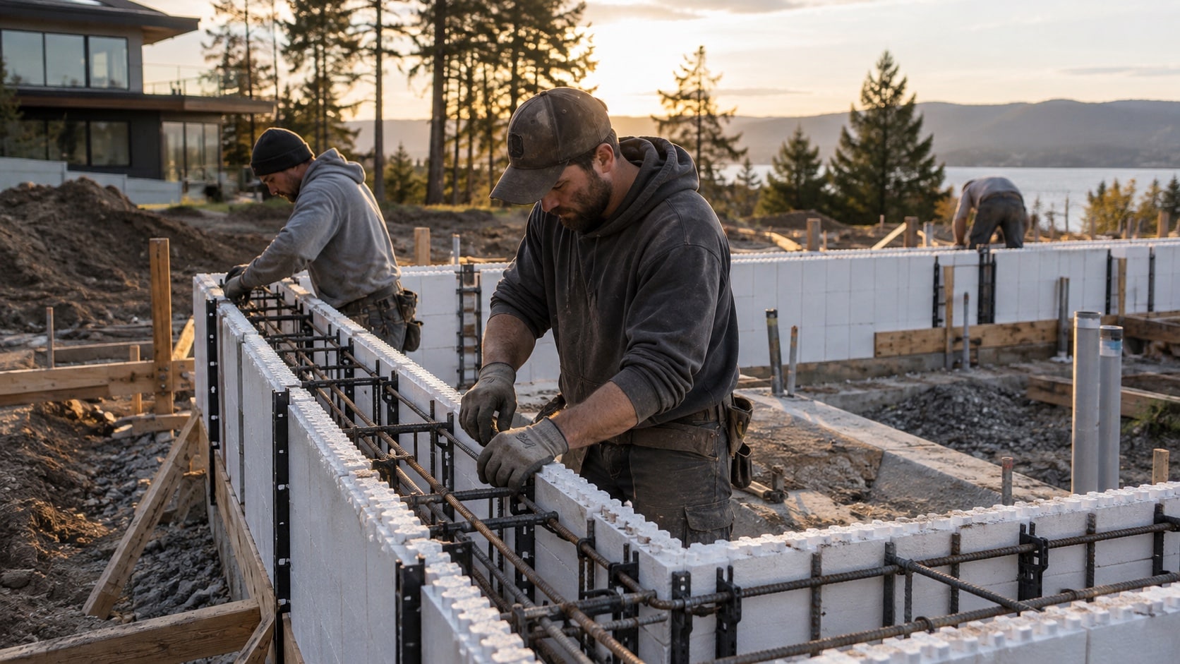 How permanent formwork works during construction Crew assembling modular permanent formwork panels with reinforcement visible before concrete placement - Handy Home Crew assembling modular permanent formwork panels with reinforcement visible before concrete placement