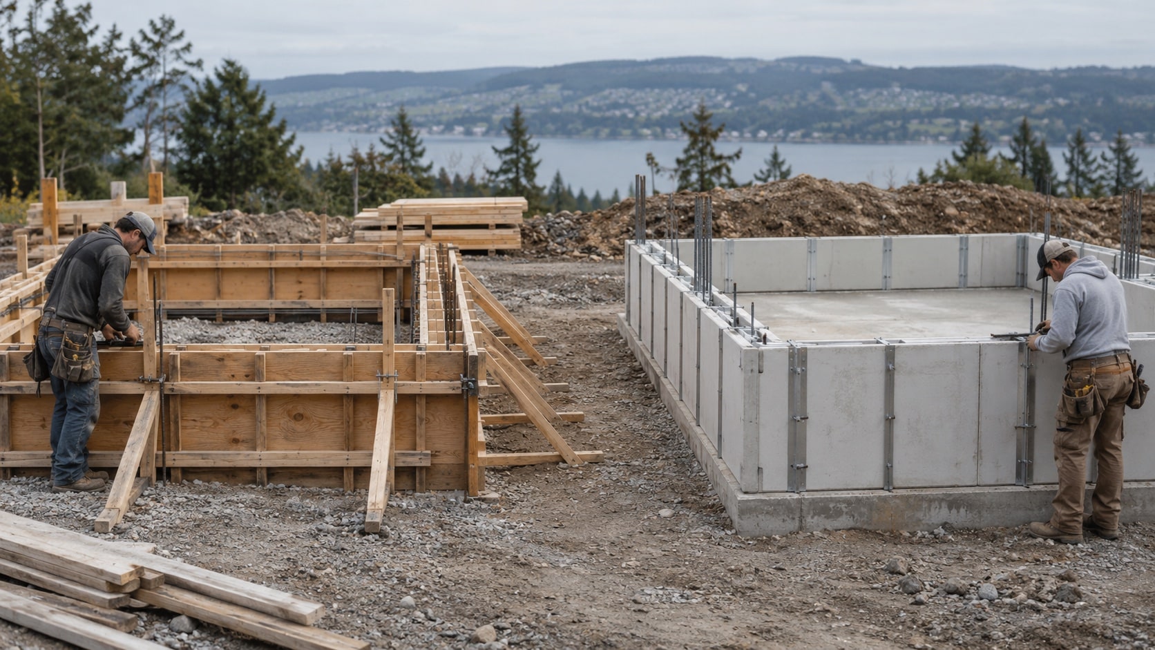 Permanent formwork compared with temporary formwork Two adjacent site mock-ups showing reusable timber formwork and permanent panel formwork for visual comparison - Handy Home Two adjacent site mock-ups showing reusable timber formwork and permanent panel formwork for visual comparison