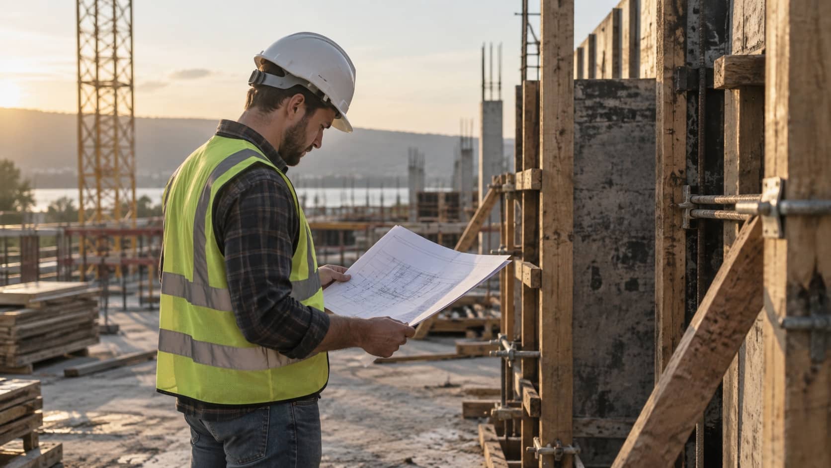 What to check before choosing a system Engineer reviewing structural drawings and inspecting formwork components on site - Handy Home Engineer reviewing structural drawings and inspecting formwork components on site