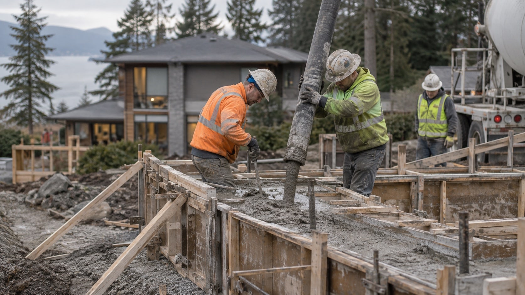 Installation and concrete placement risks Supervised concrete pour into braced permanent formwork with safe hose control and workers in PPE - Handy Home Supervised concrete pour into braced permanent formwork with safe hose control and workers in PPE