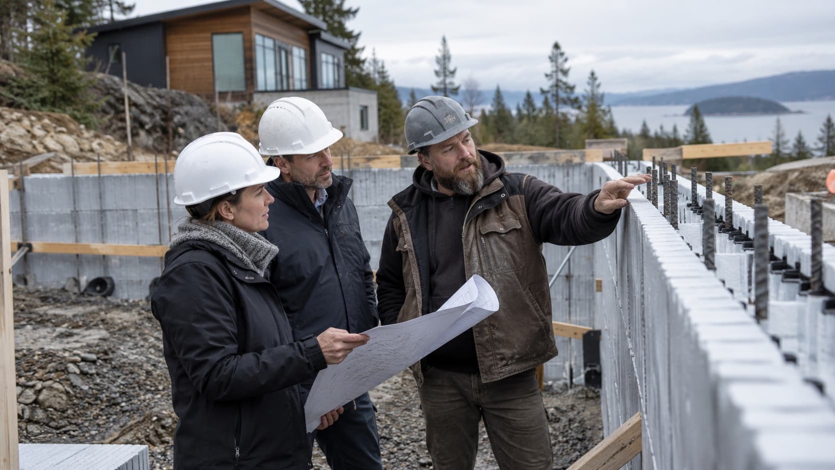 Choosing permanent formwork for your project Architect, engineer and builder discussing a permanent formwork wall on a residential construction site - Handy Home Architect, engineer and builder discussing a permanent formwork wall on a residential construction site