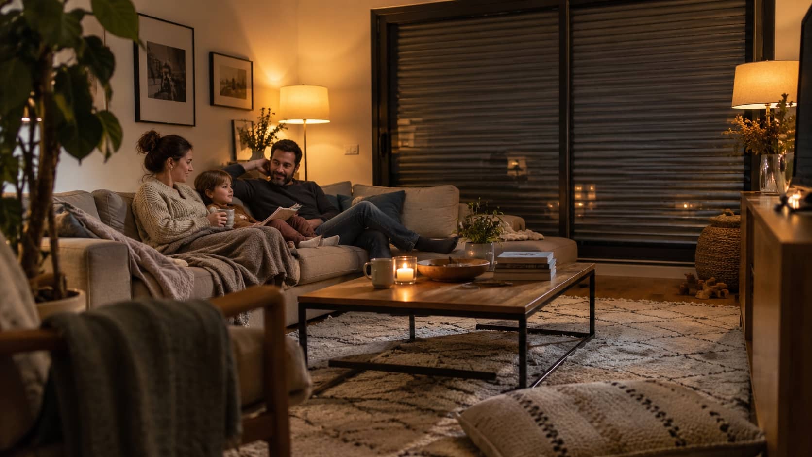A Private and Comfortable Home at Night Family relaxing in a softly lit living room with exterior shutters closed for privacy - Handy Home Family relaxing in a softly lit living room with exterior shutters closed for privacy