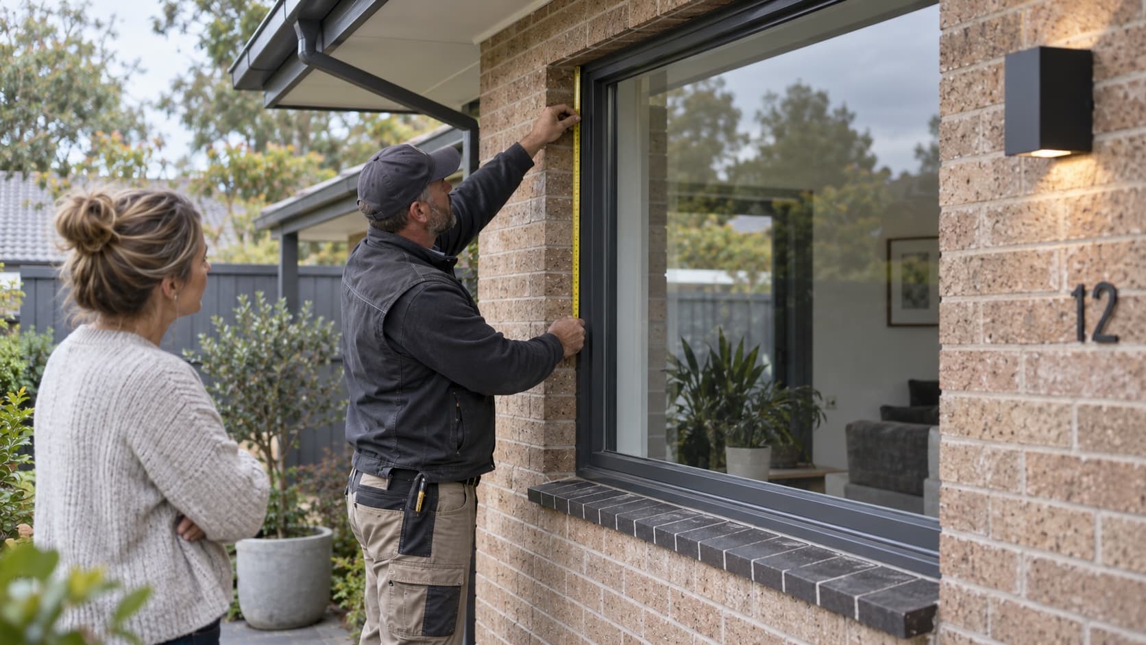 Professional Roller Shutter Site Measure Installer measuring a home window before recommending a roller shutter - Handy Home Installer measuring a home window before recommending a roller shutter