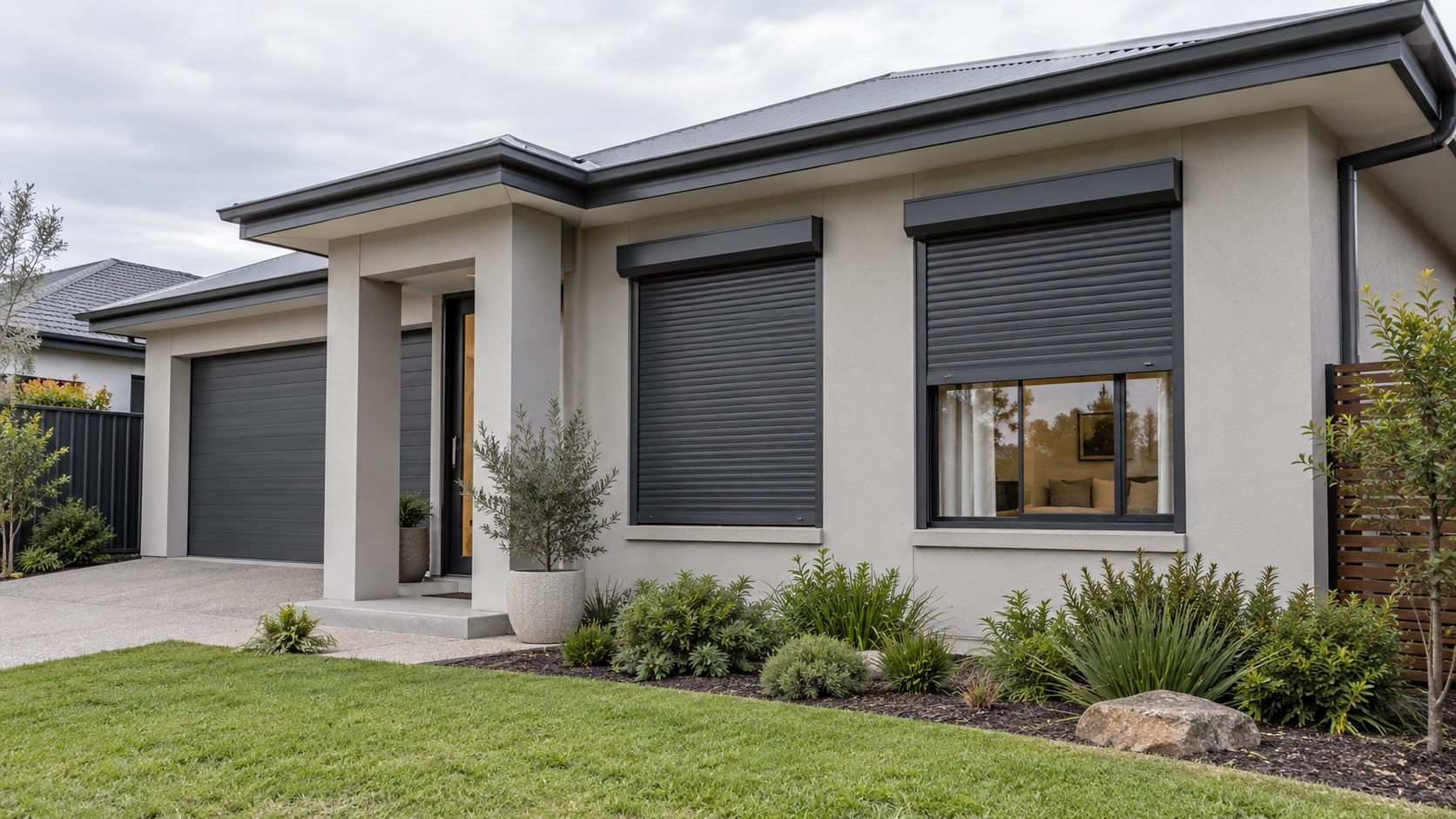 Roller Shutters on Street-Facing Windows Modern roller shutters providing privacy for street-facing home windows - Handy Home Modern roller shutters providing privacy for street-facing home windows