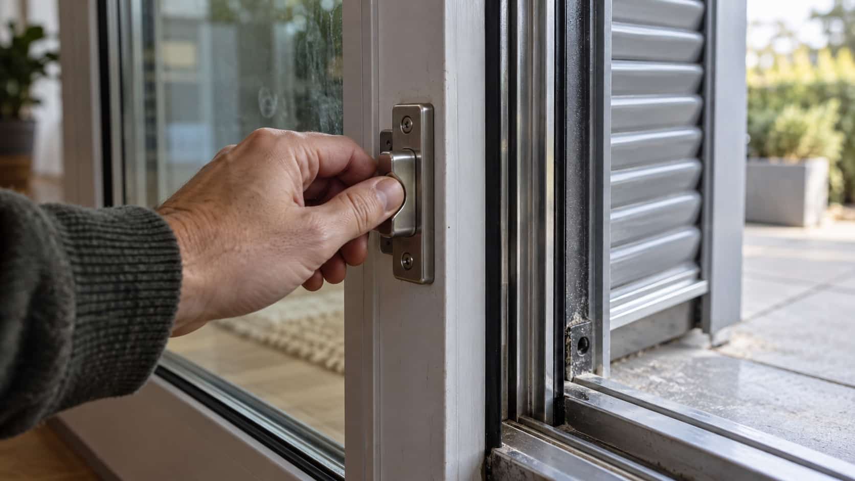 Inspecting Window and Door Security Close-up of a homeowner checking a secure window lock beside a sliding door - Handy Home Close-up of a homeowner checking a secure window lock beside a sliding door