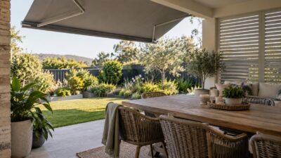 Comfortable Australian patio with external aluminium plantation shutters and a folding-arm awning, shaded dining area and garden outlook