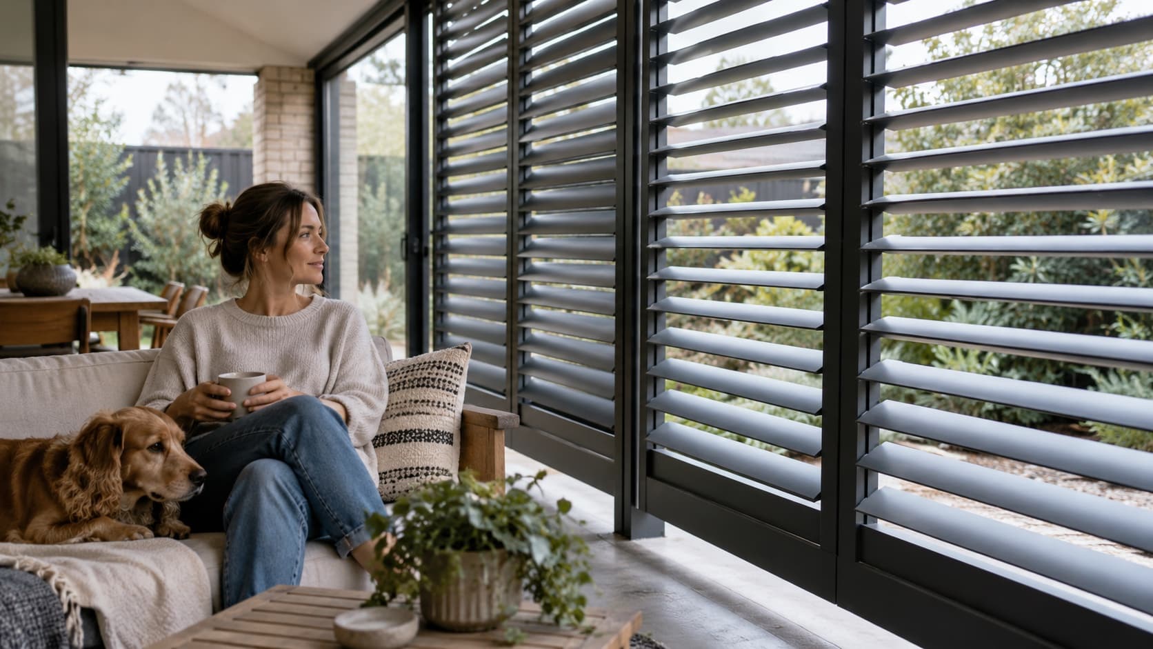 Add Flexible Privacy With external aluminium plantation shutters External aluminium plantation shutters partly angled to block neighbour views while admitting light and breeze - Handy Home External aluminium plantation shutters partly angled to block neighbour views while admitting light and breeze