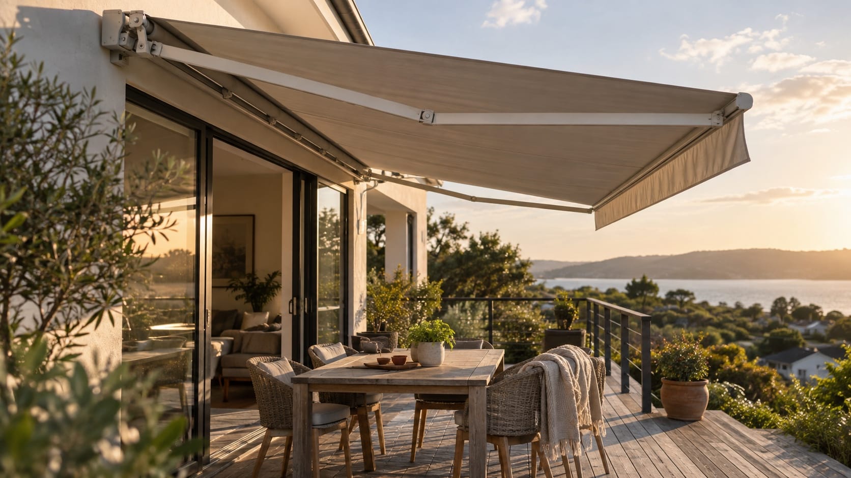 Create Shade Over Patios and Decks With Awnings Folding-arm awning extended over a sunny deck with realistic articulated arms and fabric tension - Handy Home Folding-arm awning extended over a sunny deck with realistic articulated arms and fabric tension