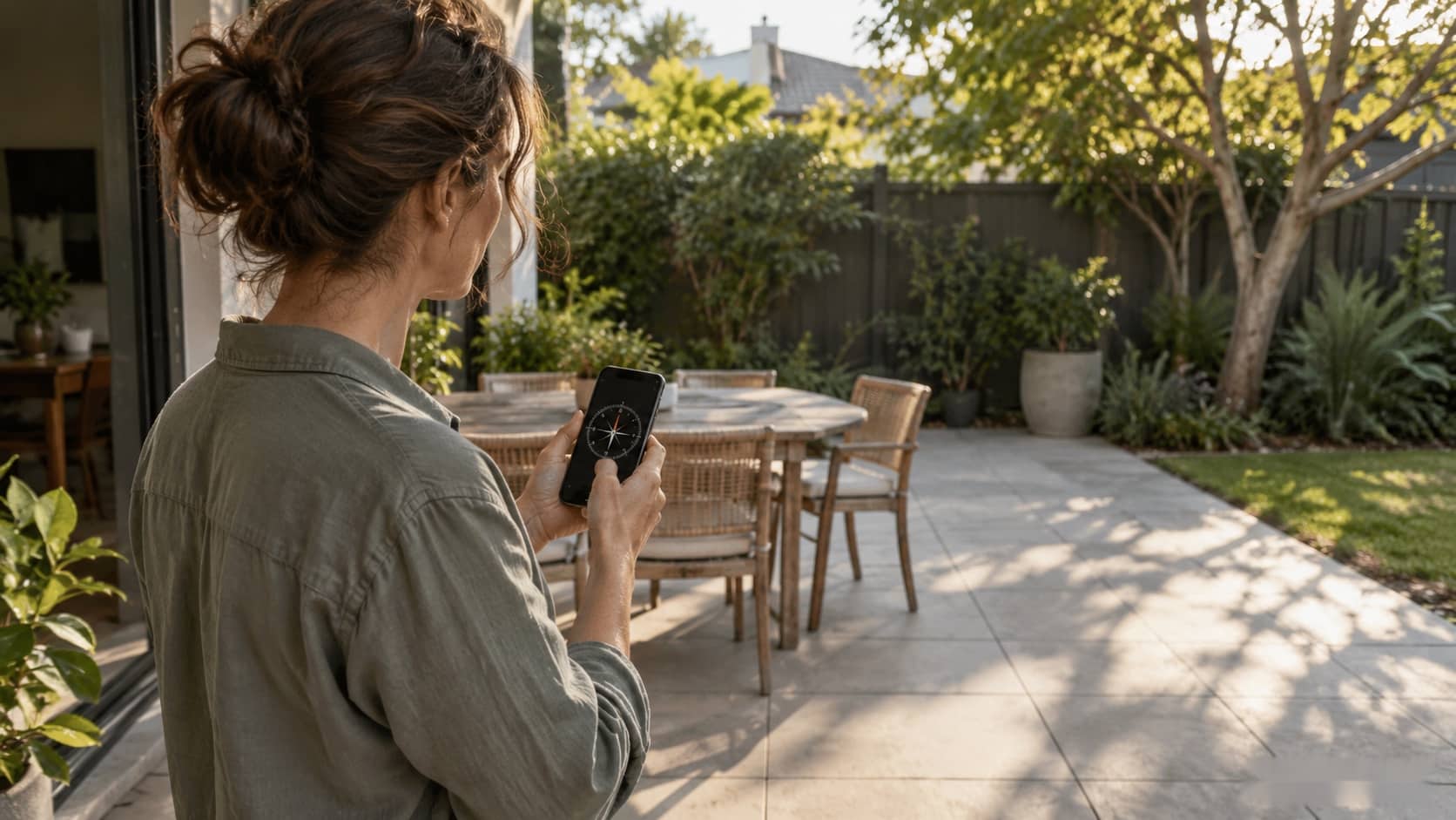Understand How Sun Moves Across Your Outdoor Space Homeowner observing afternoon sun and shadow across a patio with a simple compass app - Handy Home Homeowner observing afternoon sun and shadow across a patio with a simple compass app