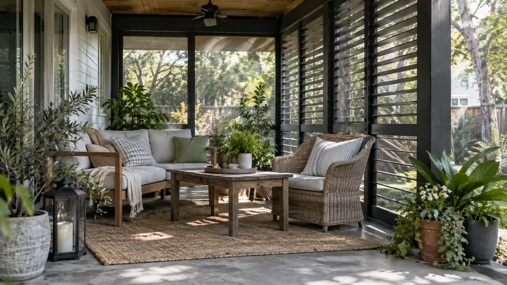 Improve Privacy Without Blocking Light and Airflow Cozy screened porch with wicker sofa and chairs, neutral cushions, and a wooden coffee table surrounded by potted plants. - Handy Home Screened patio with adjustable shutters, side planting and open airflow paths