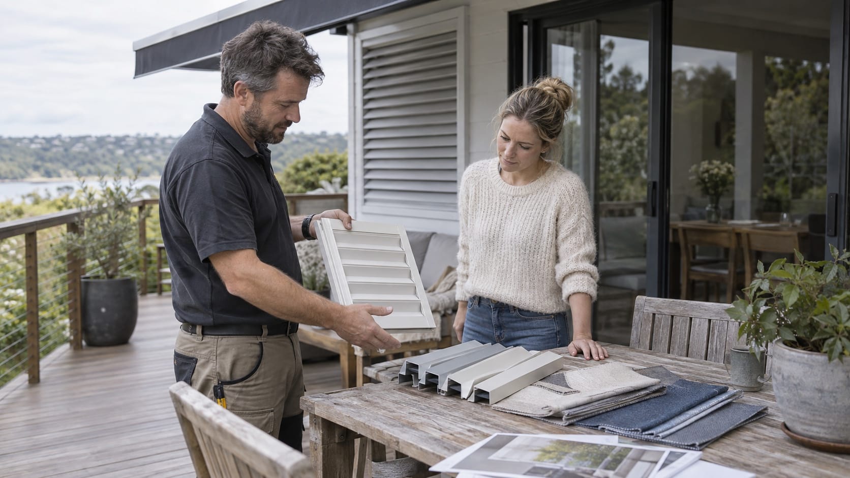 Choose the Right Solution for Your Outdoor Area Installer discussing samples of aluminium shutters and awning fabric beside an existing deck - Handy Home Installer discussing samples of aluminium shutters and awning fabric beside an existing deck