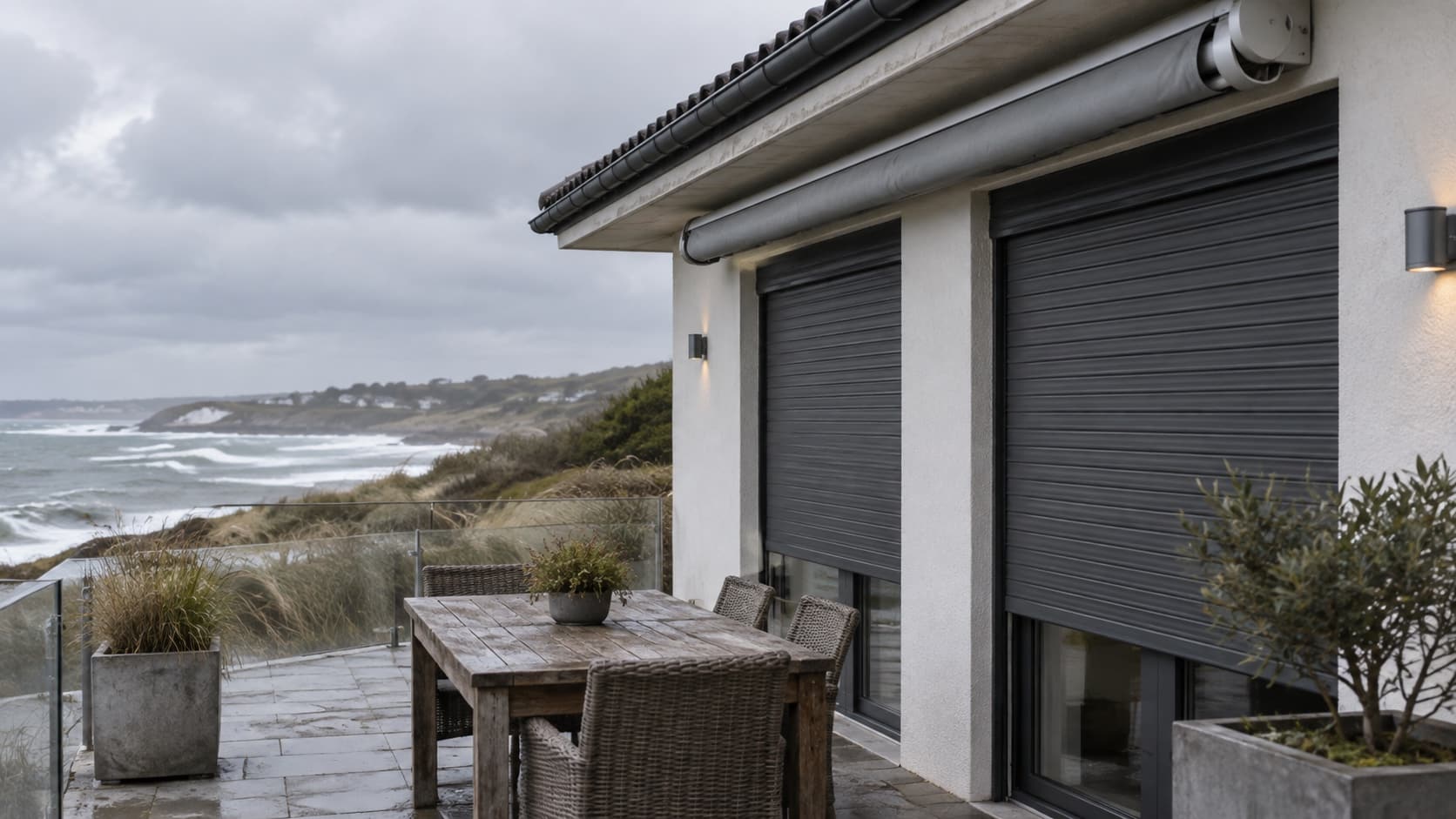 Consider Wind and Weather Exposure Secure closed exterior shutters and retracted awning during windy weather, calm safety-focused scene - Handy Home Secure closed exterior shutters and retracted awning during windy weather, calm safety-focused scene