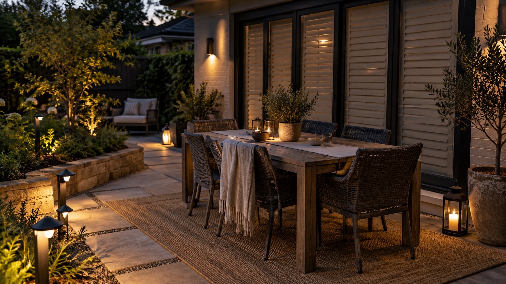Add Lighting for Evening Privacy and Safety Evening patio with shutters closed for privacy and low-glare path and dining lights - Handy Home Evening patio with shutters closed for privacy and low-glare path and dining lights