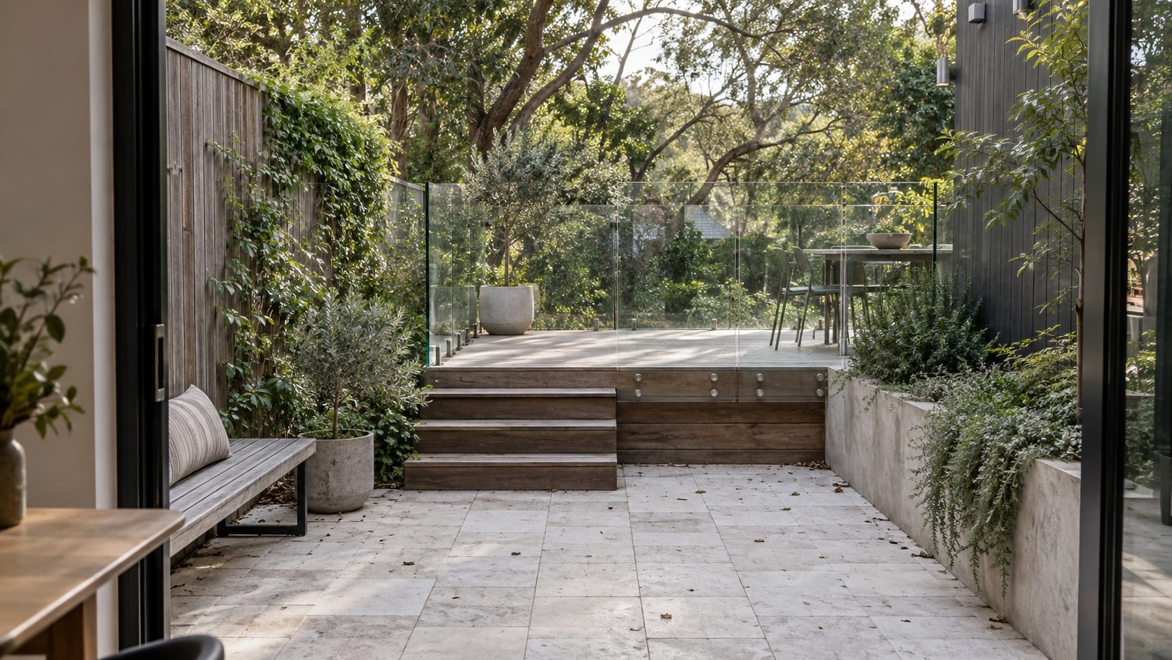Glass Balustrade in a Small Courtyard Compact courtyard made more open with a clear glass balustrade and light finishes - Handy Home Compact courtyard made more open with a clear glass balustrade and light finishes