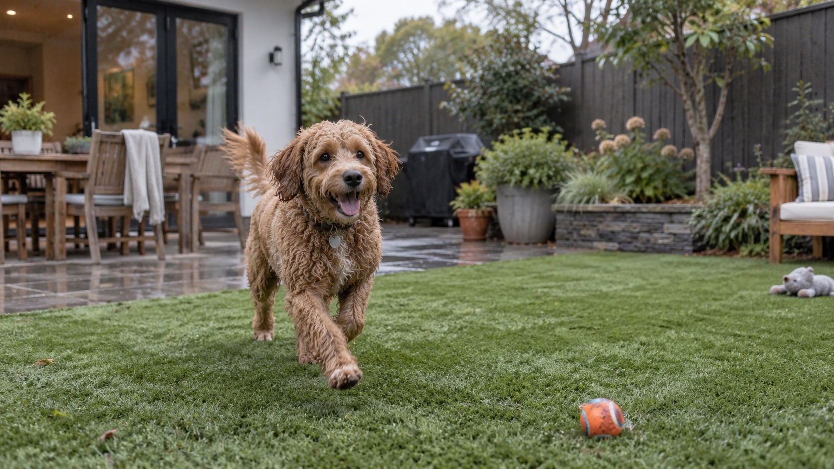 Why pet friendly artificial grass Can Suit Busy Homes A playful dog running across clean artificial grass in a lived-in family backyard after light rain - Handy Home A playful dog running across clean artificial grass in a lived-in family backyard after light rain