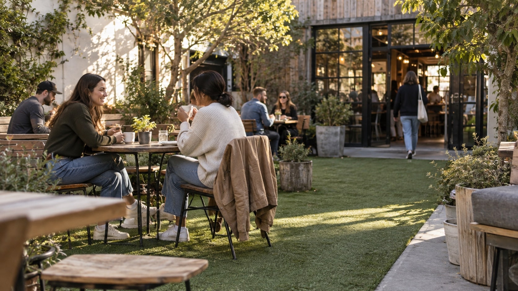 How Synthetic Lawn Supports Commercial Outdoor Areas A welcoming small business courtyard with commercial artificial grass, outdoor seating and steady foot traffic - Handy Home A welcoming small business courtyard with commercial artificial grass, outdoor seating and steady foot traffic