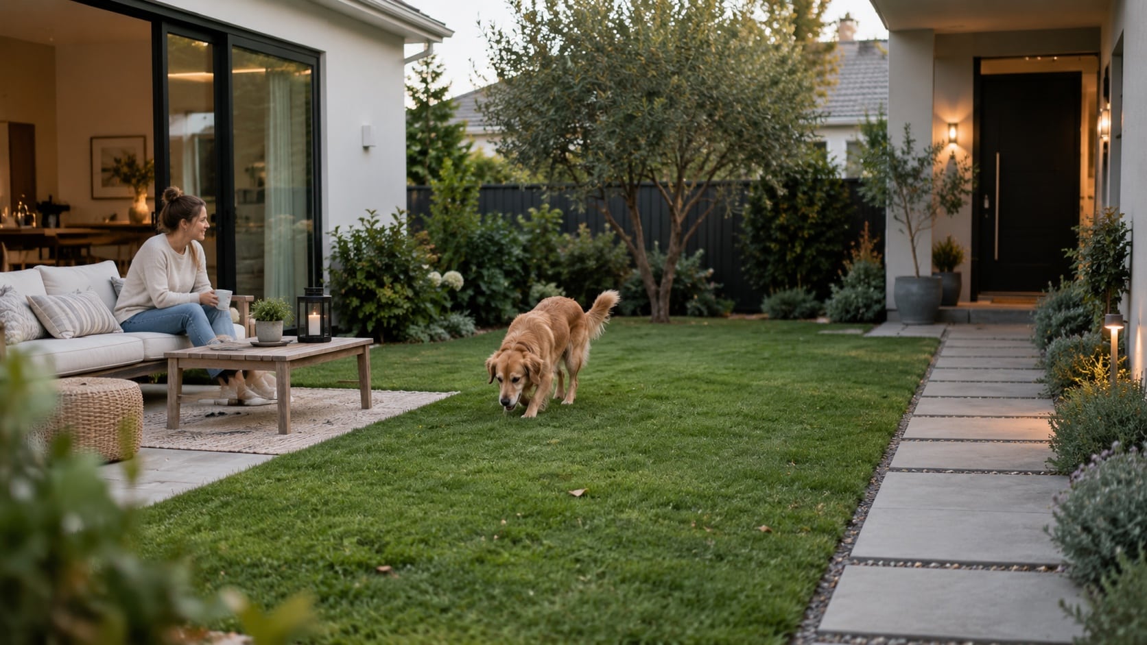 The Main Benefits for Pets Homes and Businesses Split-purpose outdoor area showing an even green lawn between a home patio and a tidy entry path, natural everyday use - Handy Home Split-purpose outdoor area showing an even green lawn between a home patio and a tidy entry path, natural everyday use