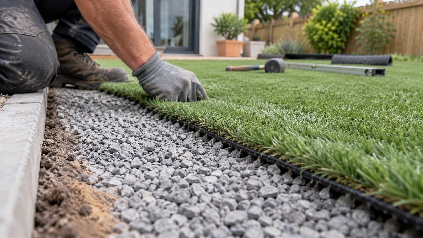 Check Drainage Before You Choose a Product Close ground-level view of artificial turf edge and professionally prepared free-draining base during installation - Handy Home Close ground-level view of artificial turf edge and professionally prepared free-draining base during installation
