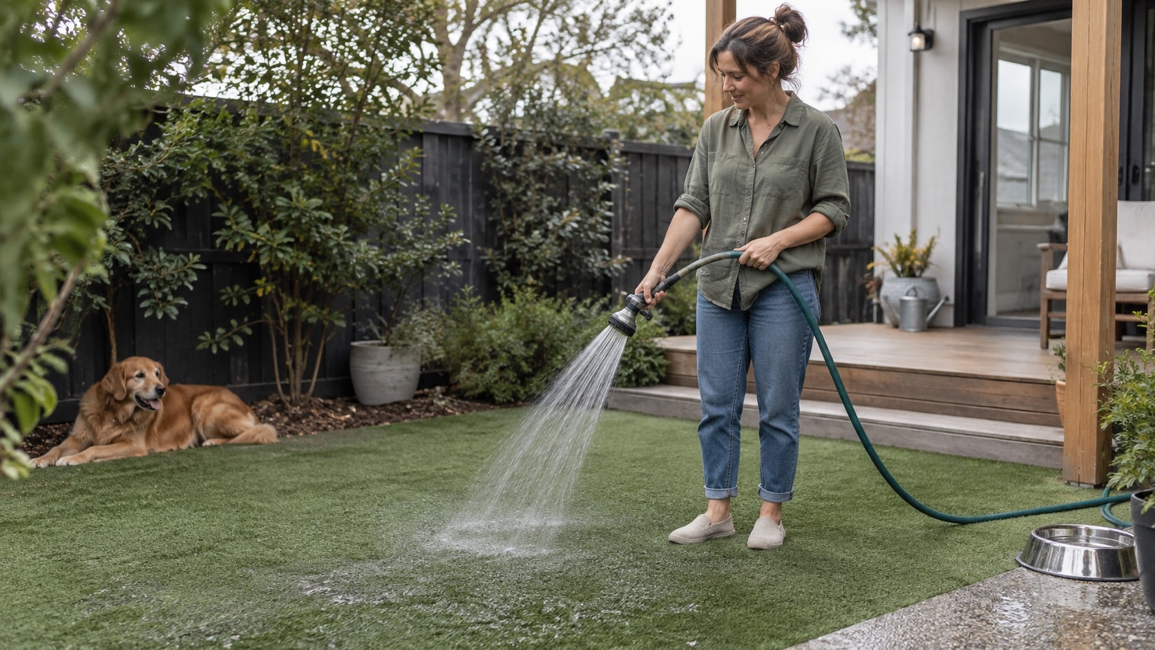 Keep Pet Areas Clean and Comfortable A homeowner gently rinsing a pet-use section of artificial lawn with a garden hose while a dog rests in shade - Handy Home A homeowner gently rinsing a pet-use section of artificial lawn with a garden hose while a dog rests in shade