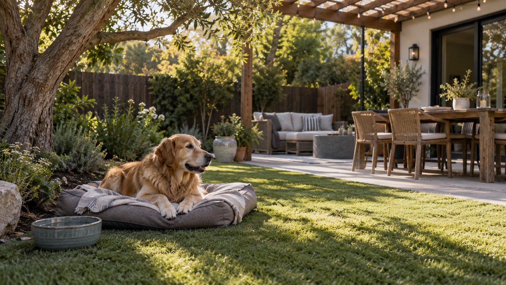 Think About Heat Shade and Surface Use Summer backyard with artificial lawn partly shaded by a tree and pergola, water bowl and comfortable pet resting spot - Handy Home Summer backyard with artificial lawn partly shaded by a tree and pergola, water bowl and comfortable pet resting spot