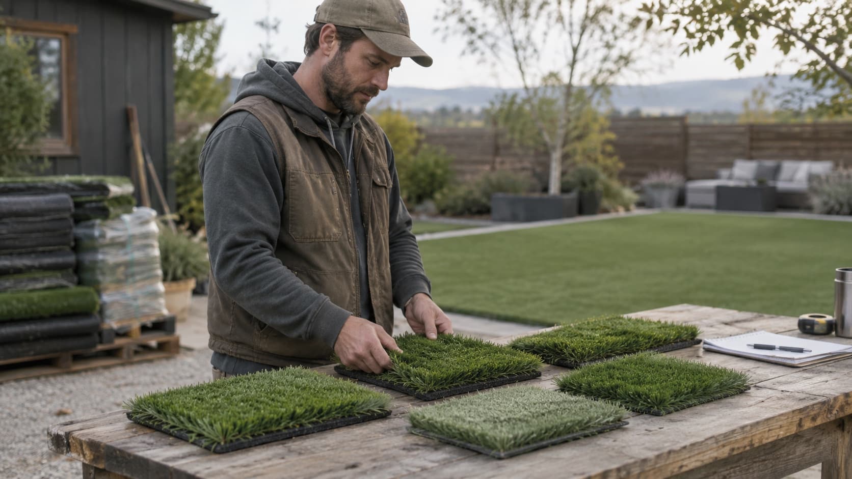 Choose a Turf Type That Matches the Site Installer comparing several realistic turf samples with different pile heights on an outdoor workbench - Handy Home Installer comparing several realistic turf samples with different pile heights on an outdoor workbench