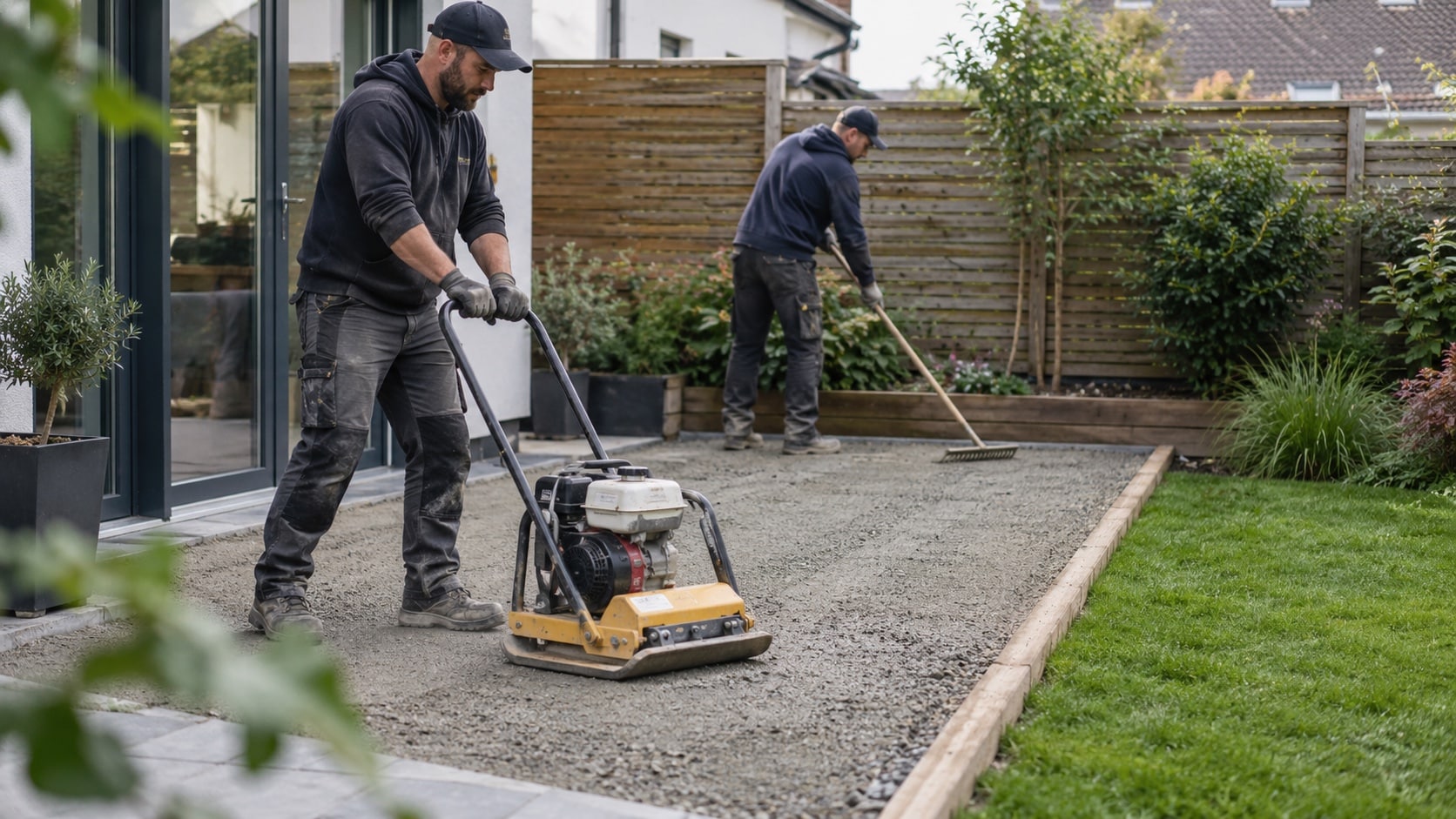 Plan the Installation Carefully Professional crew compacting and levelling a base before laying synthetic grass along a garden edge - Handy Home Professional crew compacting and levelling a base before laying synthetic grass along a garden edge